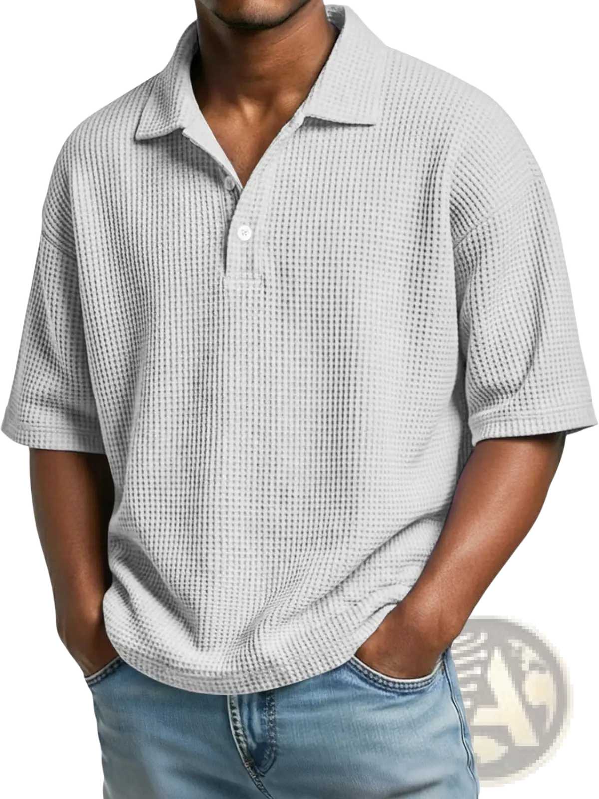 Men’s slim fit waffle knit short sleeve polo shirt in light gray with classic collar and button placket