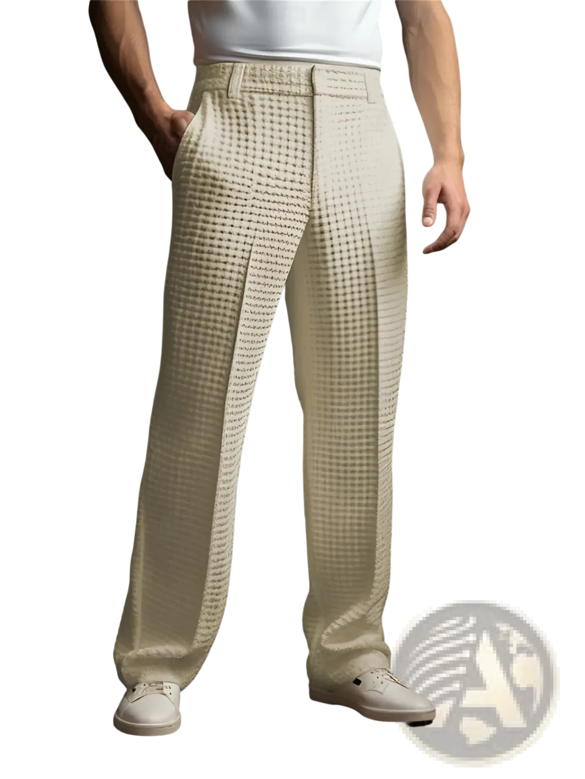 Men’s slim fit cream-colored waffle knit trousers with a subtle check pattern and pleated straight leg design
