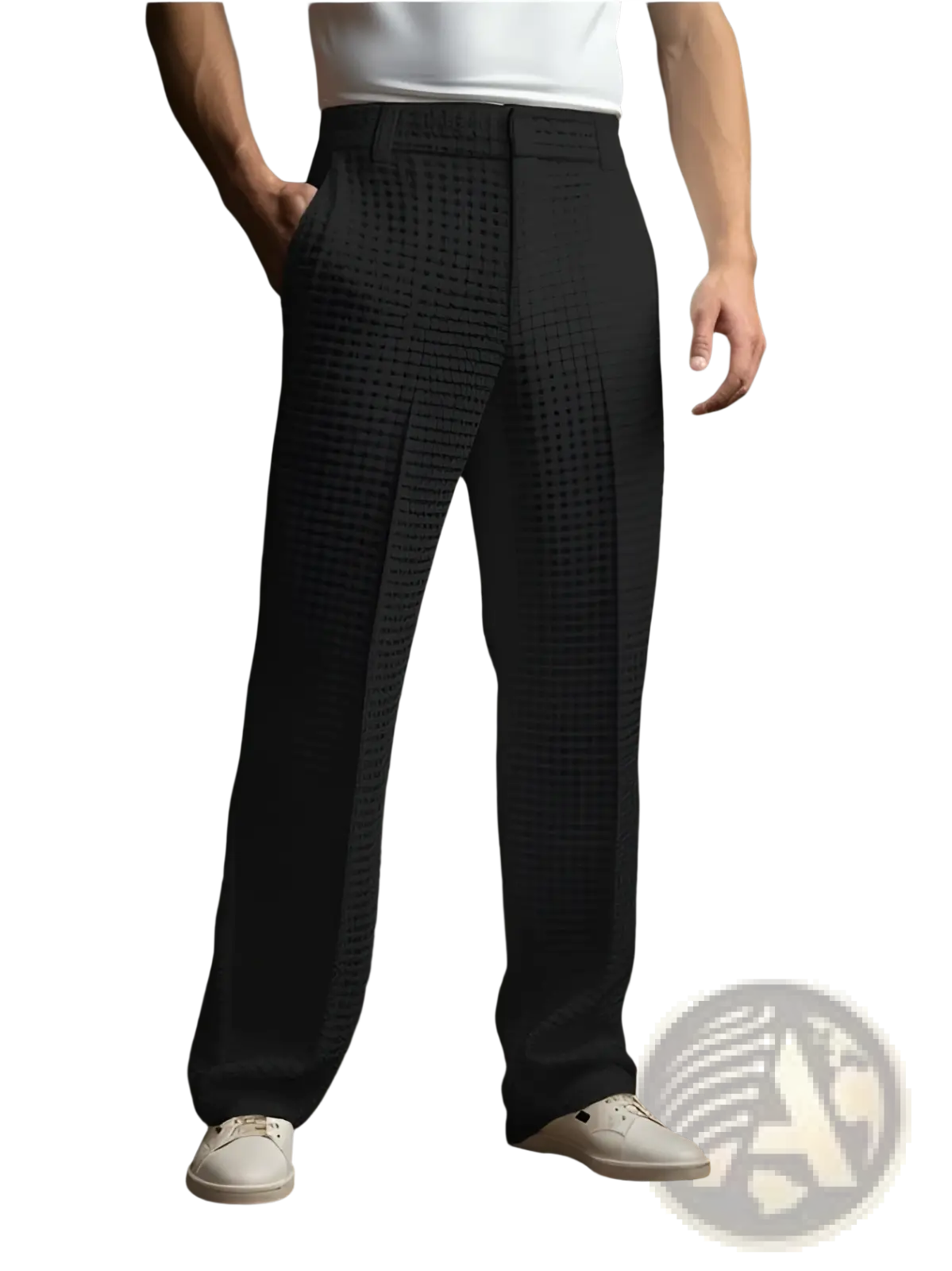 Men’s slim fit black waffle knit straight leg business trousers with subtle grid pattern and tailored fit