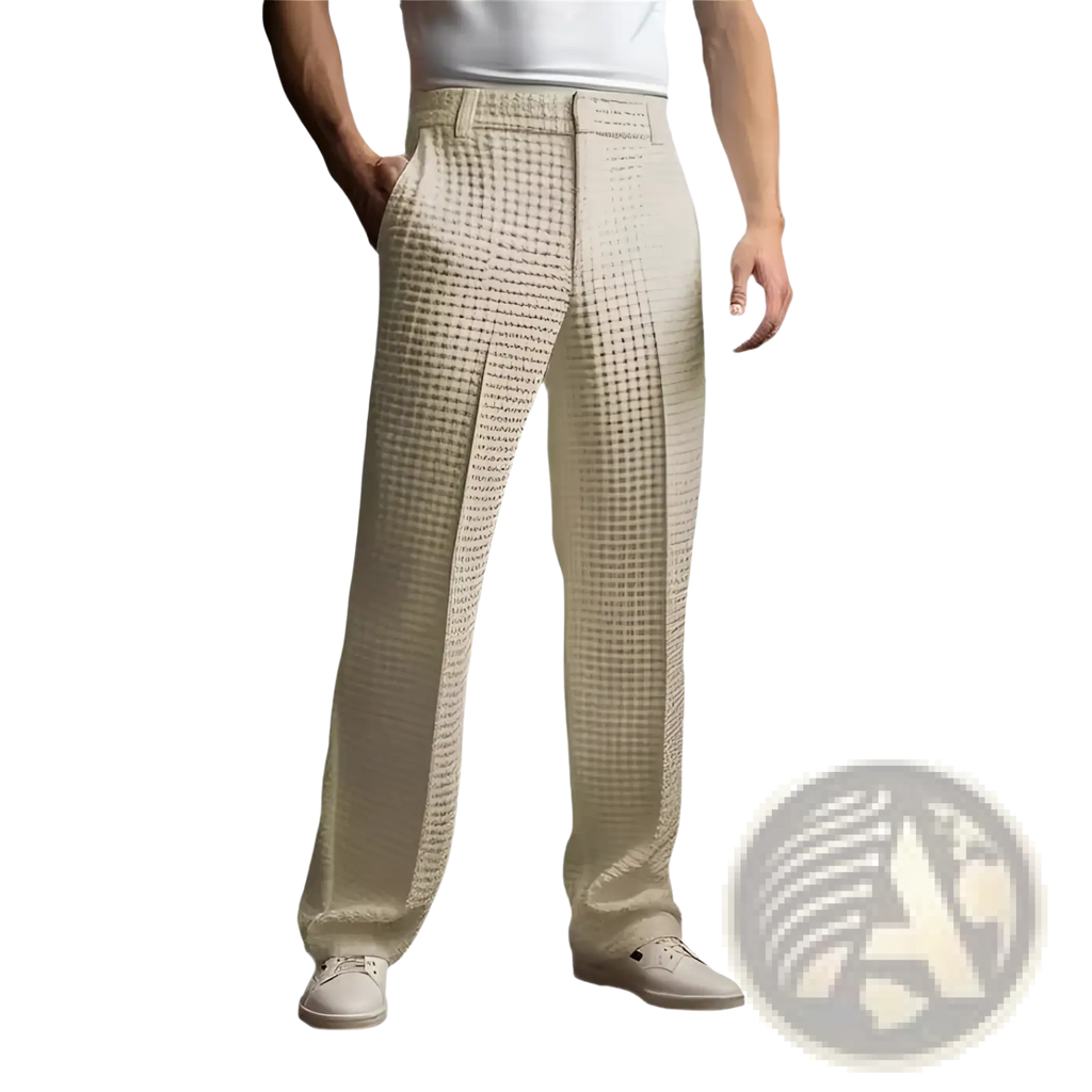 Beige checkered pleated tailored slim fit trousers for men in waffle knit straight leg business style