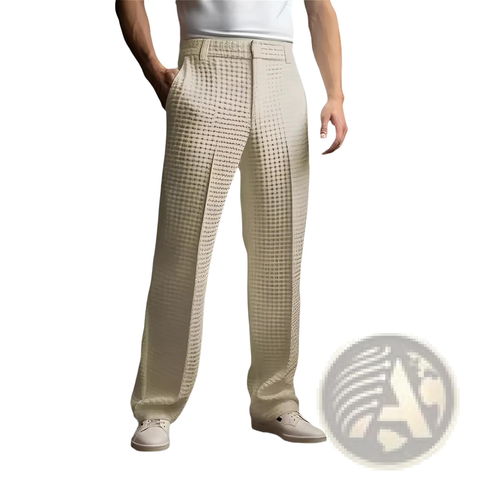 Beige checkered pleated tailored slim fit trousers for men in waffle knit straight leg business style