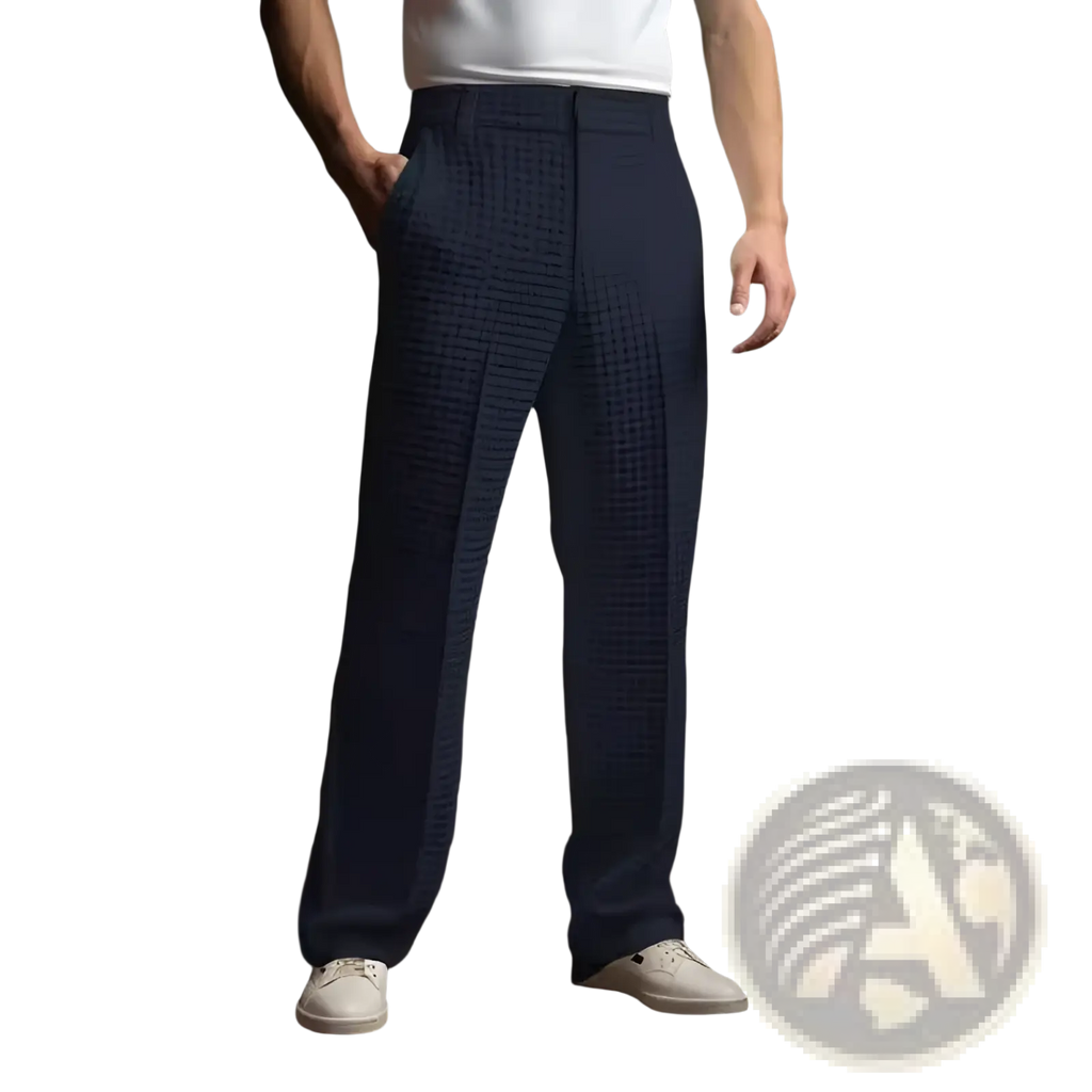 Men’s slim fit dark blue wool trousers with subtle grid pattern and tailored fit for business wear