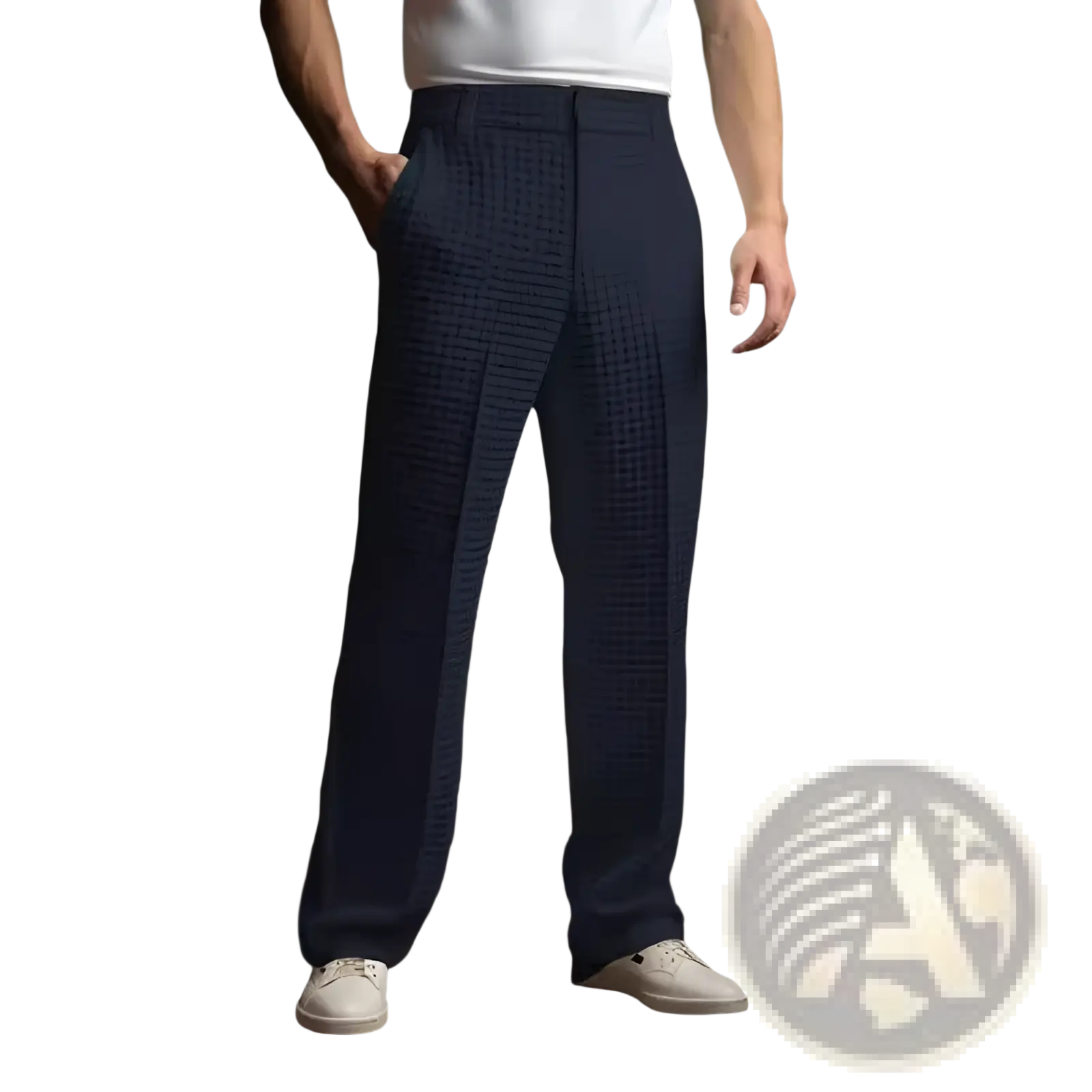 Men’s slim fit dark blue wool trousers with subtle grid pattern and tailored fit for business wear
