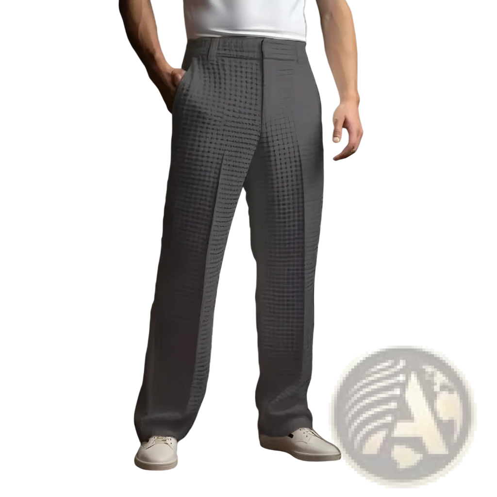 Men’s slim fit gray checkered waffle knit straight leg trousers with subtle texture for business wear