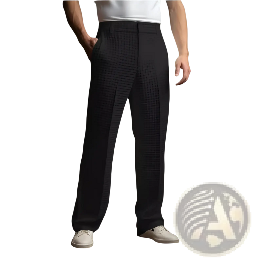 Men’s slim fit black textured wool trousers with subtle geometric pattern and classic tailored fit for business wear