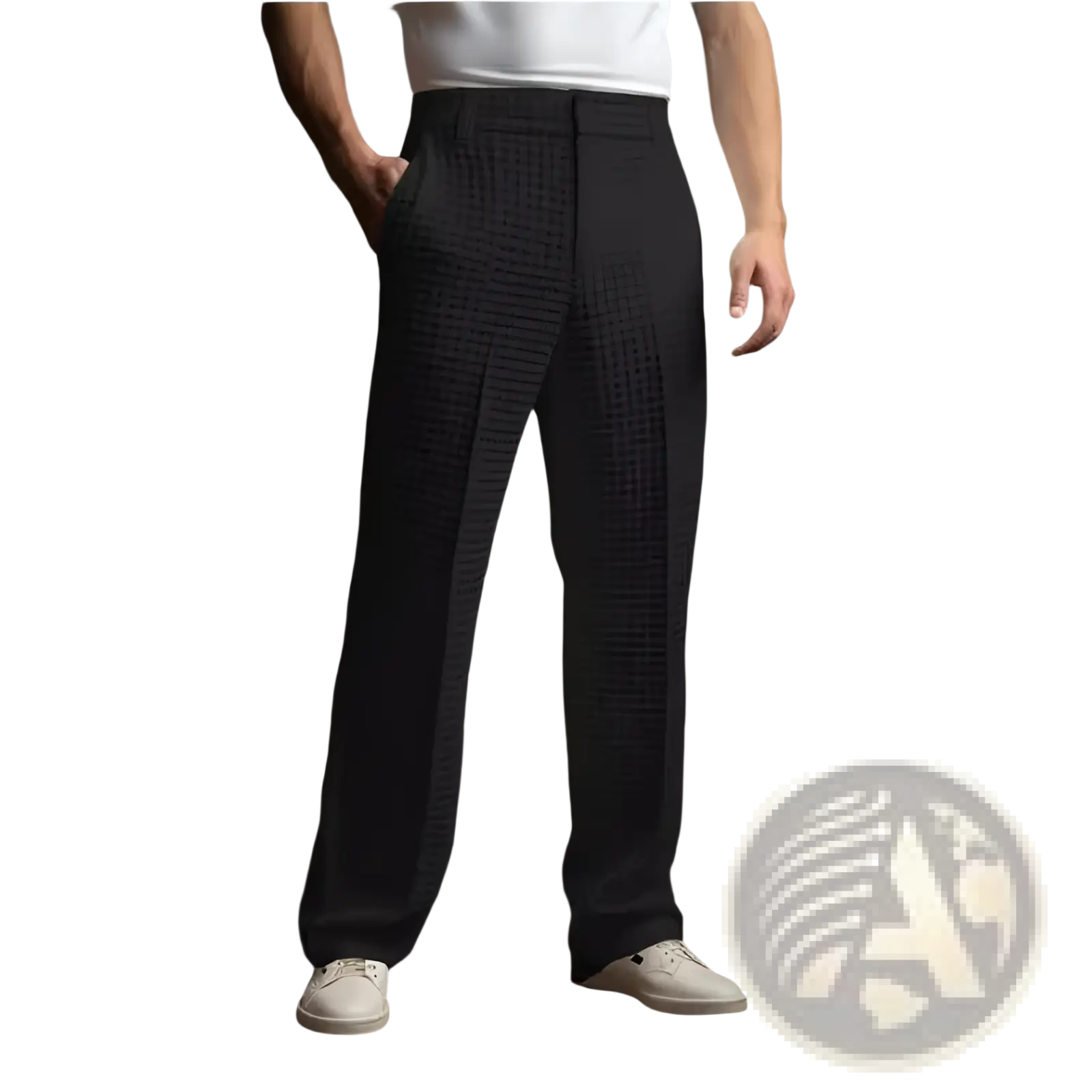 Men’s slim fit black textured wool trousers with subtle geometric pattern and classic tailored fit for business wear