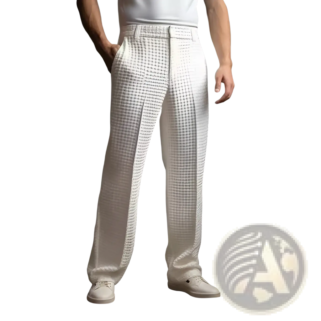 Men’s slim fit waffle knit straight leg business trousers in white checkered woven fabric with vertical pleats