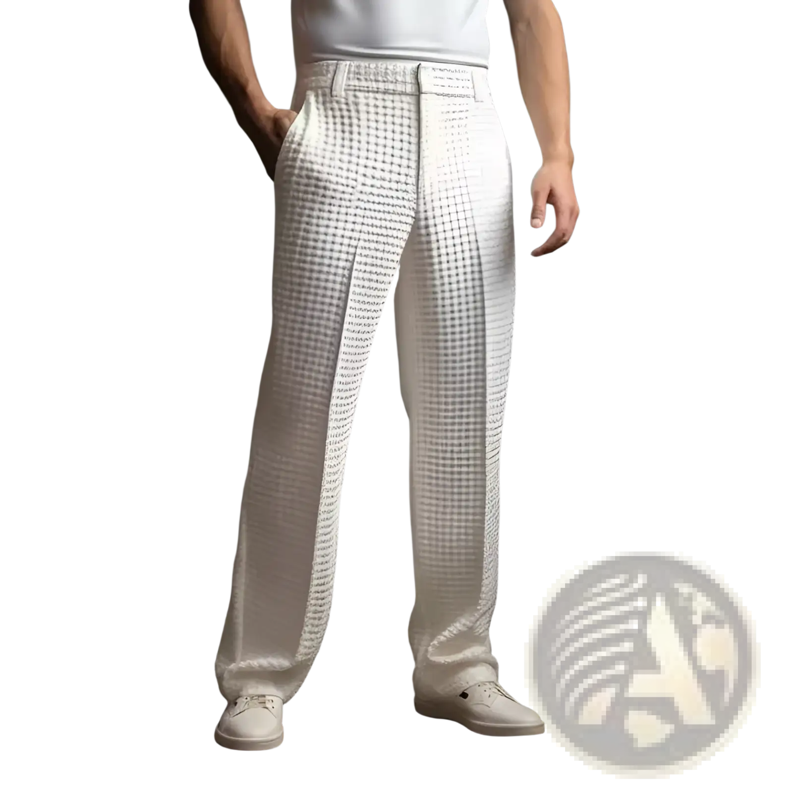 Men’s slim fit waffle knit straight leg business trousers in white checkered woven fabric with vertical pleats