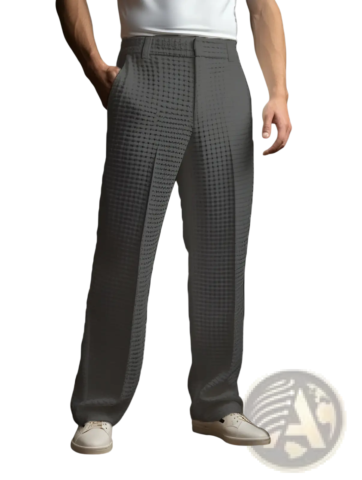 Gray waffle-knit slim fit straight leg business trousers with a structured tailored fit for men