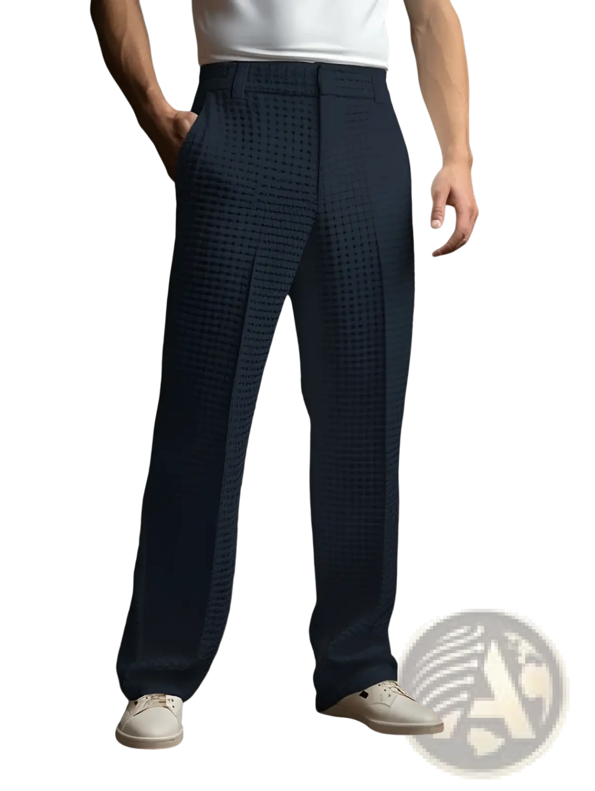 Men’s slim fit dark blue waffle knit straight leg business trousers with tailored fit and subtle side seam detailing