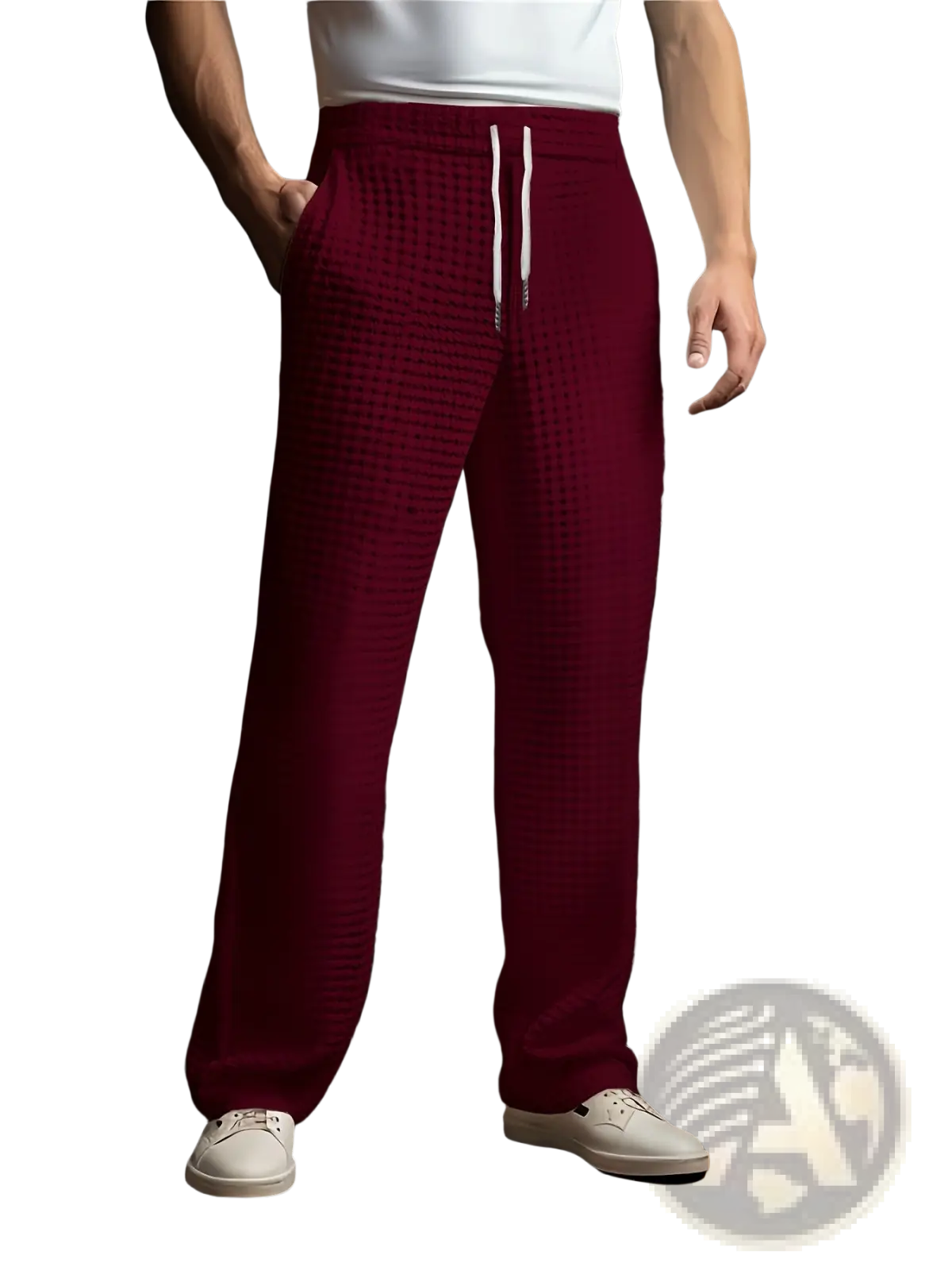 Men’s slim fit waffle knit straight leg business trousers in maroon textured knit joggers with white drawstrings