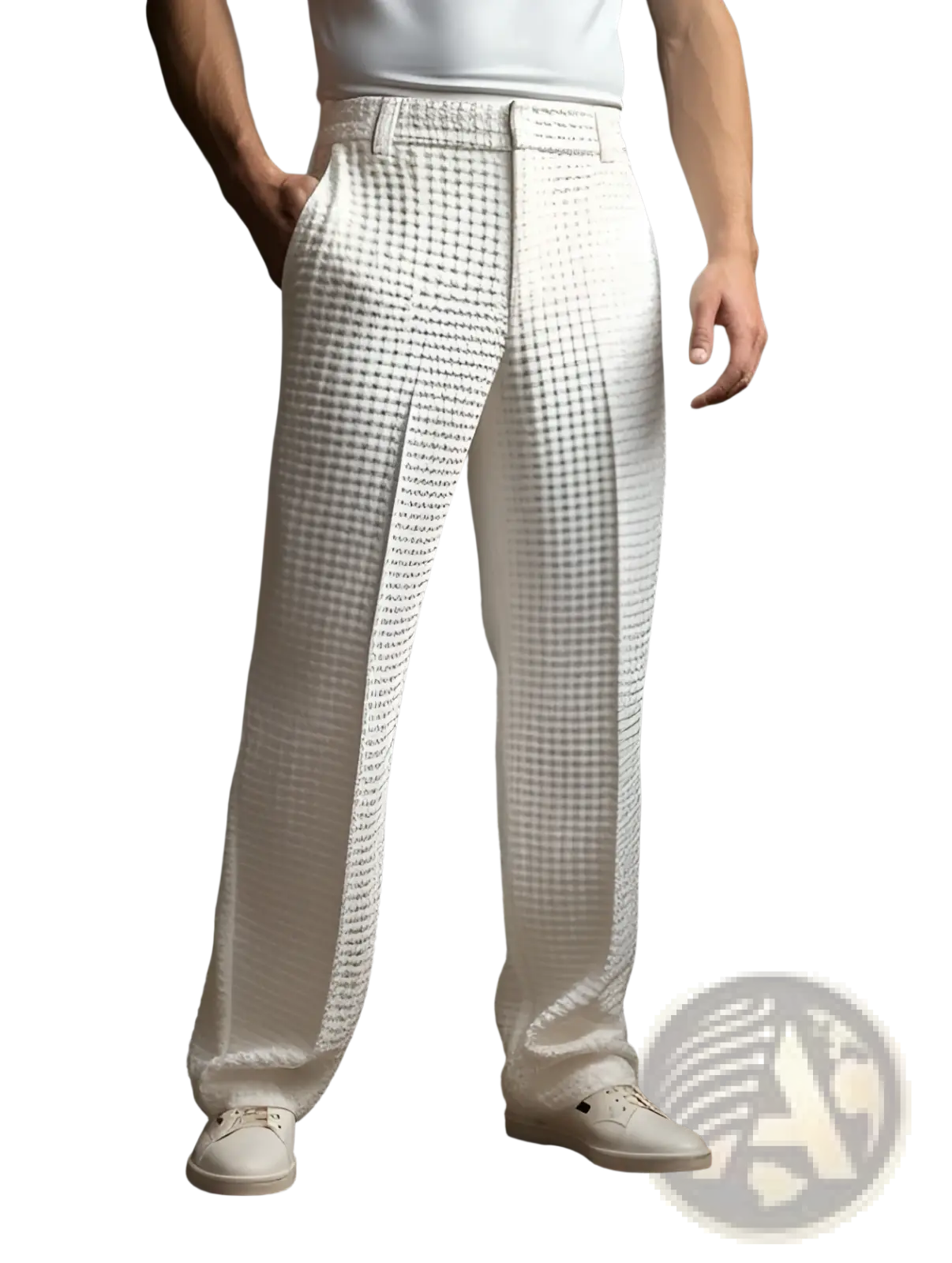 Men’s slim fit waffle knit straight leg business trousers in white with a subtle check pattern and textured fabric