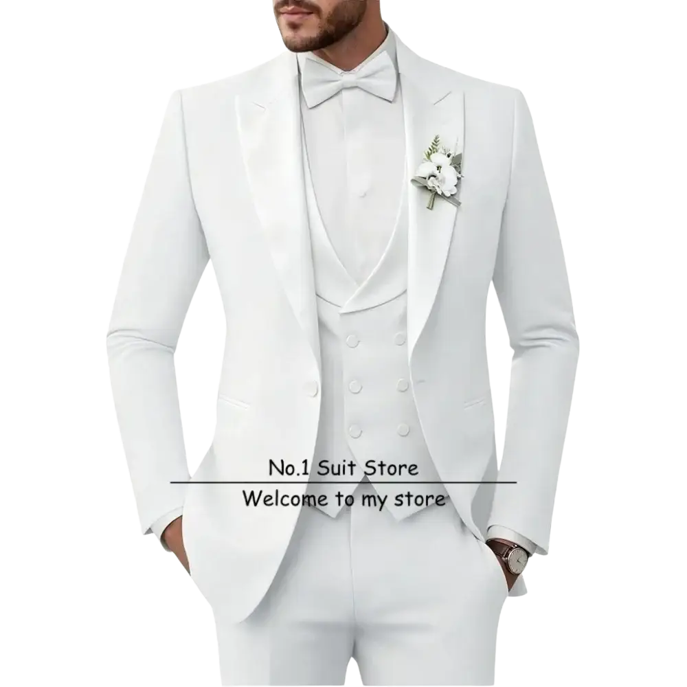 Men’s slim fit white tuxedo 3 piece suit with satin lapels vest crisp bow tie and floral boutonniere