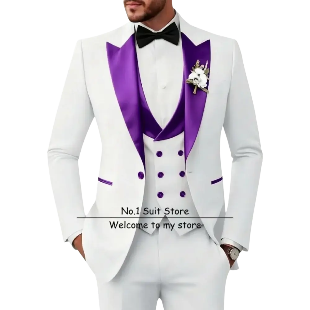 Men’s slim fit white tuxedo 3 piece suit with vibrant purple satin lapels, matching buttons, black bow tie, and floral boutonniere