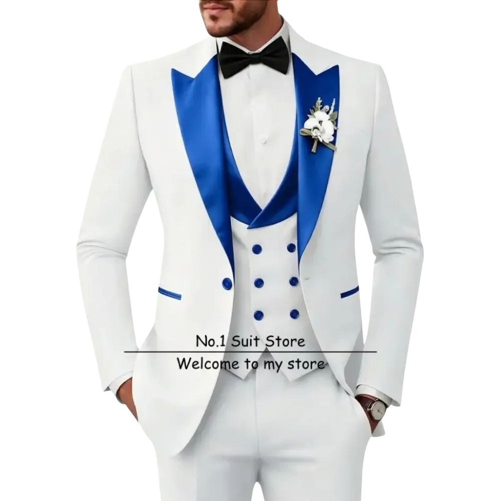 Men’s slim fit white tuxedo 3 piece suit with bold blue satin lapels and buttons, black bow tie, and floral boutonniere