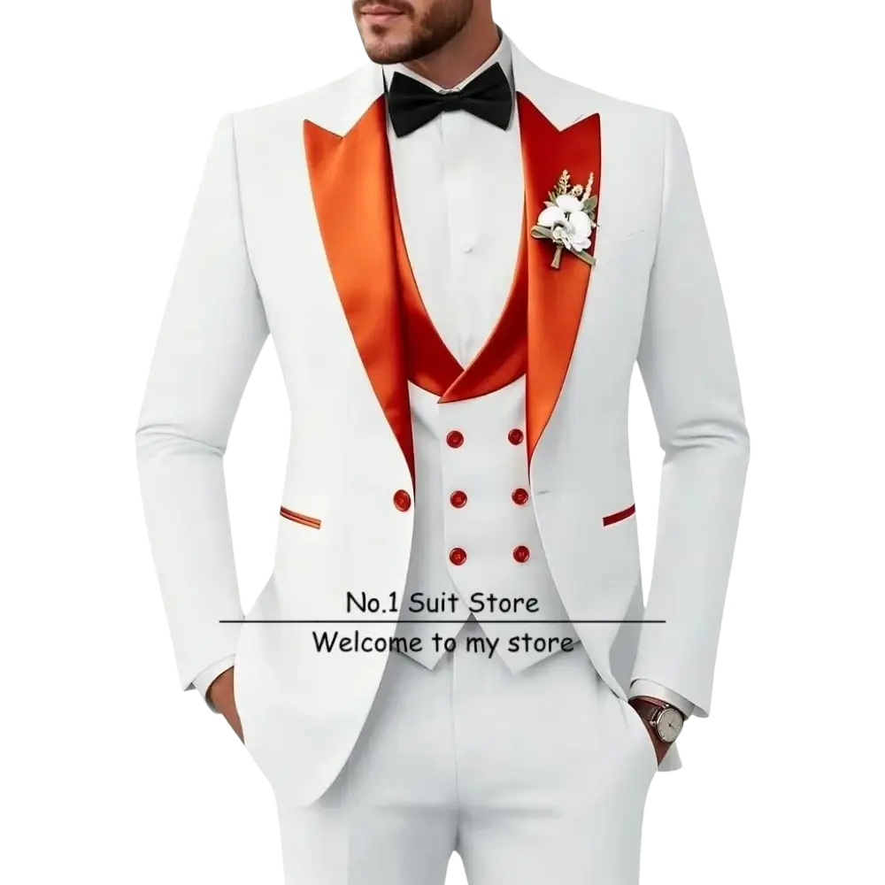 Men’s slim fit white tuxedo 3 piece suit with vibrant orange satin lapels and vest accented by red buttons