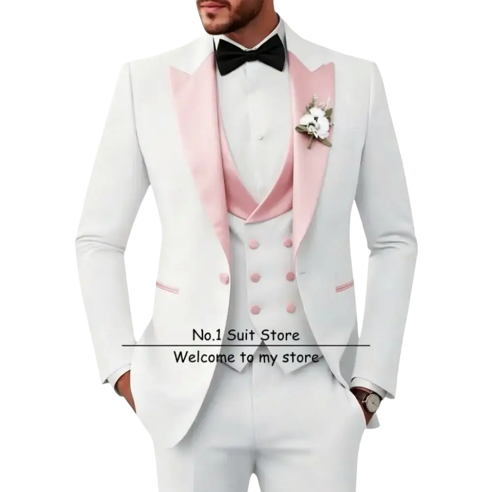 Men’s slim fit white tuxedo 3 piece suit with soft pink satin lapels matching vest black bow tie and floral boutonniere