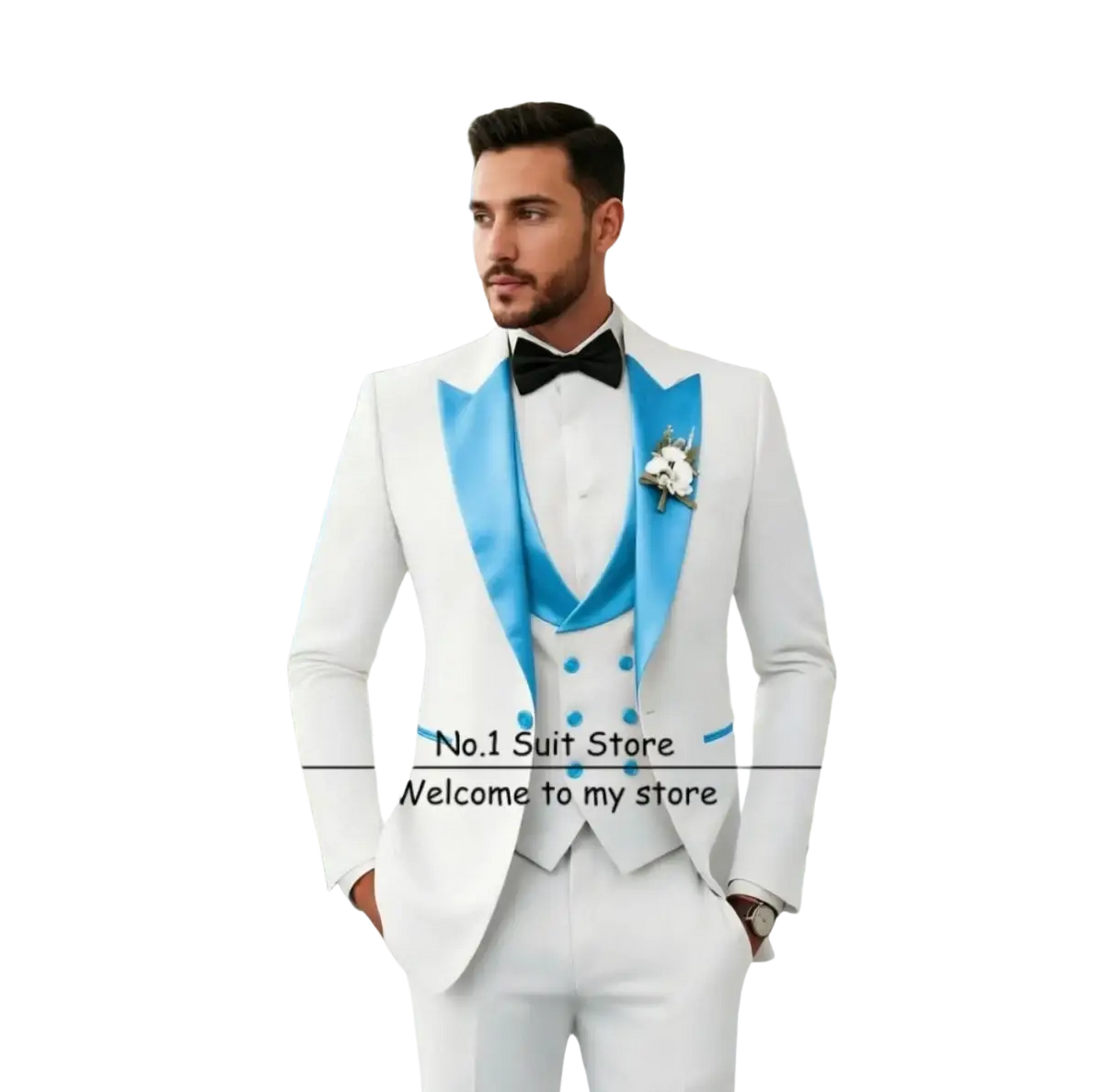 Men’s slim fit white tuxedo 3 piece suit with light blue satin lapels, matching vest, black bow tie, and floral boutonniere
