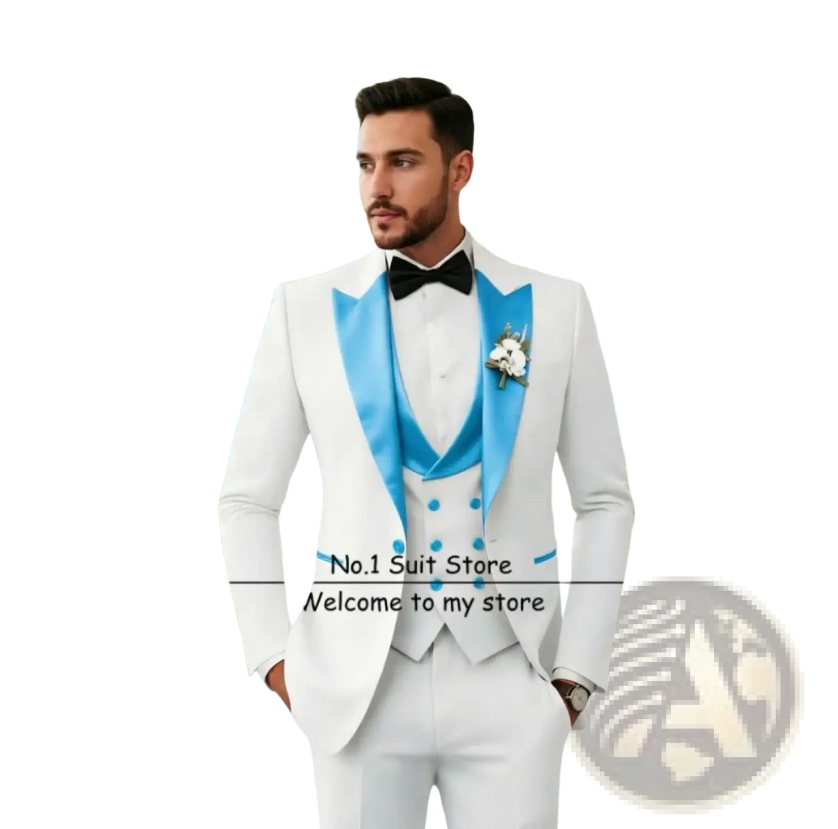 Men’s slim fit white tuxedo 3 piece suit with light blue satin lapels, matching vest, black bow tie, and floral boutonniere