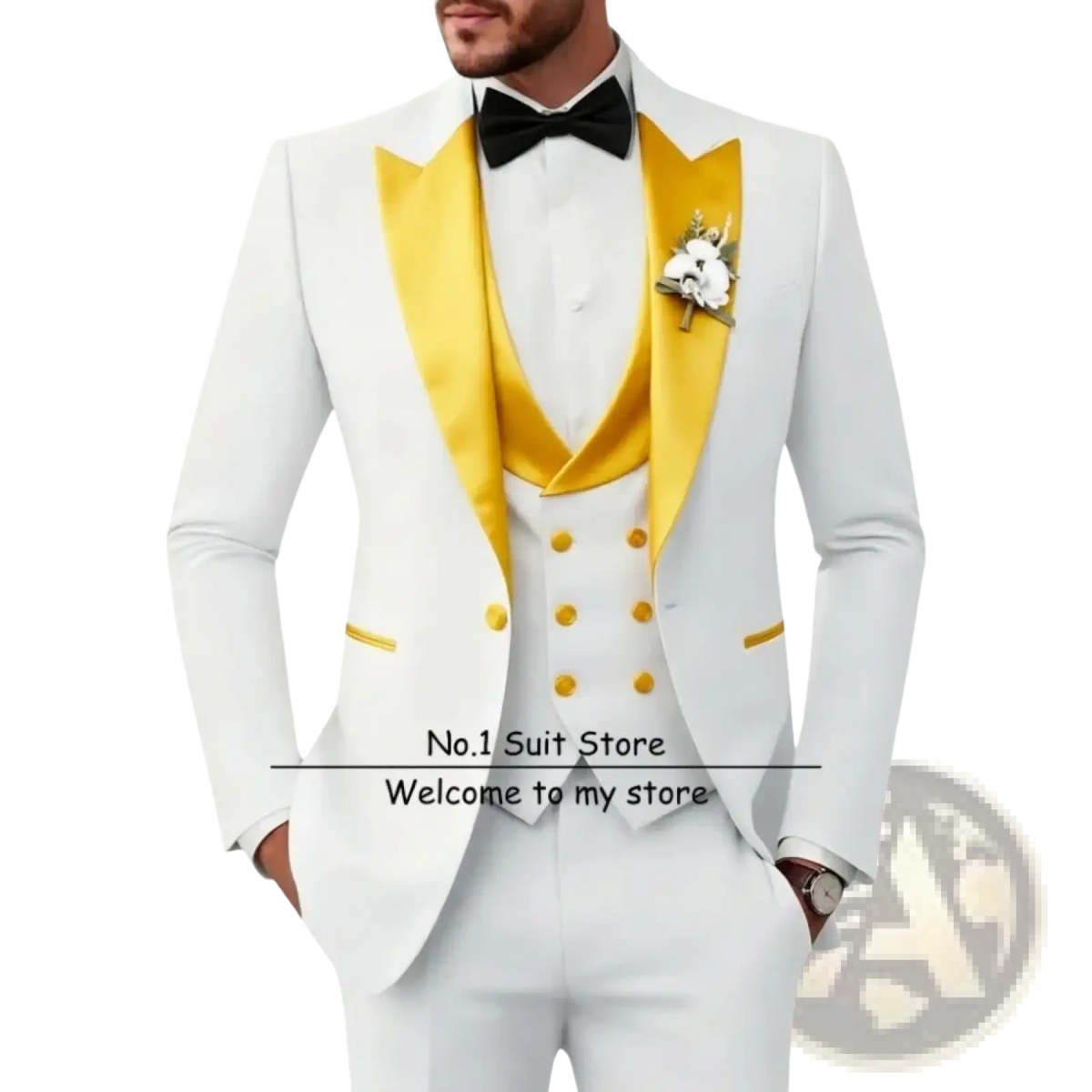 Men’s slim fit white tuxedo 3 piece suit with gold satin lapels, matching buttons, black bow tie, and floral boutonniere