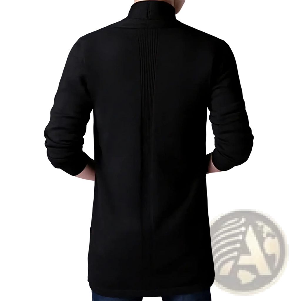 Men’s slim knit cardigan sweater black long-sleeved turtleneck with ribbed vertical seam on the back view
