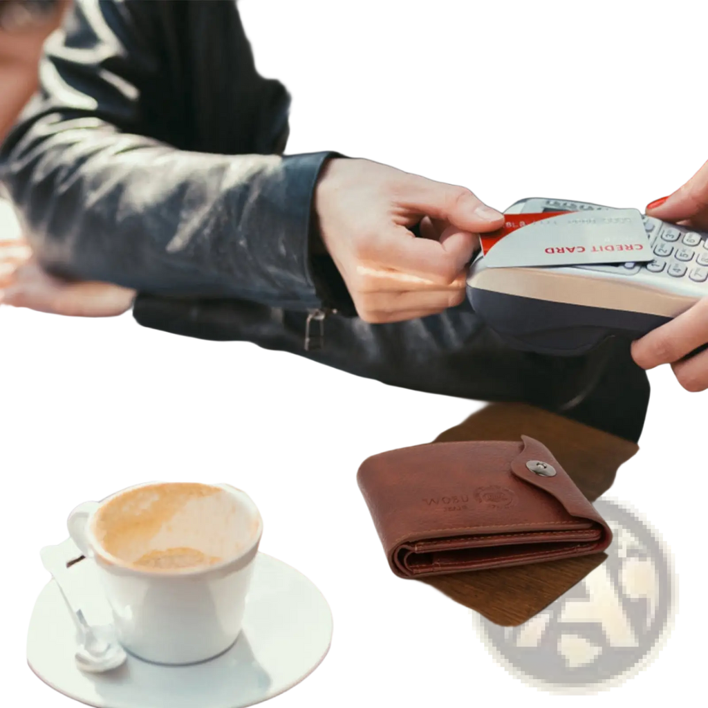 Men’s slim bifold brown pu leather wallet with rfid blocking features a silver clasp and embossed logo