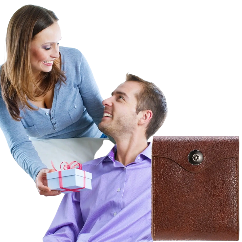 Men’s slim rfid blocking brown pu leather bifold wallet with textured leather and metallic snap closure shown from back side