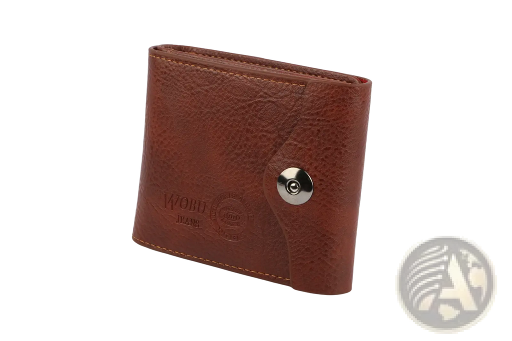 Men’s slim rfid blocking brown pu leather bifold wallet with silver snap button and embossed word jeans branding