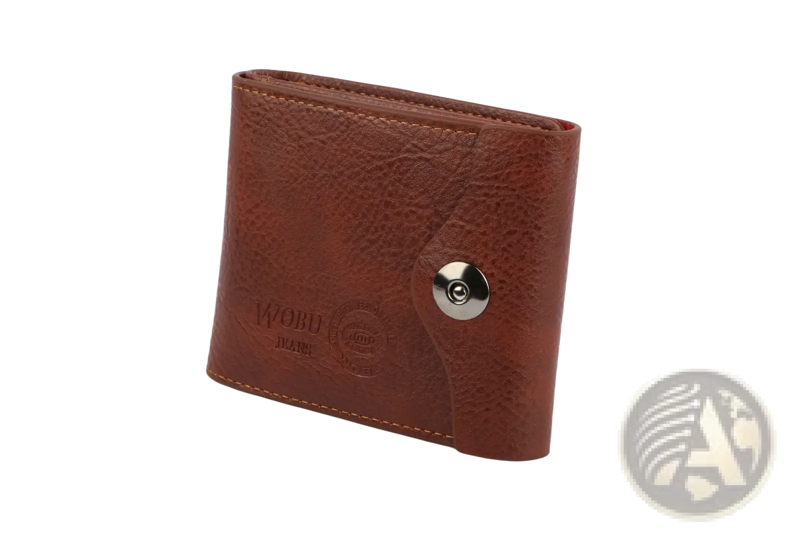 Men’s slim rfid blocking brown pu leather bifold wallet with silver snap button and embossed word jeans branding