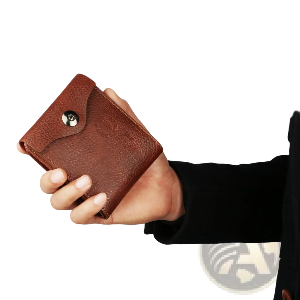 Men’s slim rfid blocking brown pu leather bifold wallet with a silver snap button closure