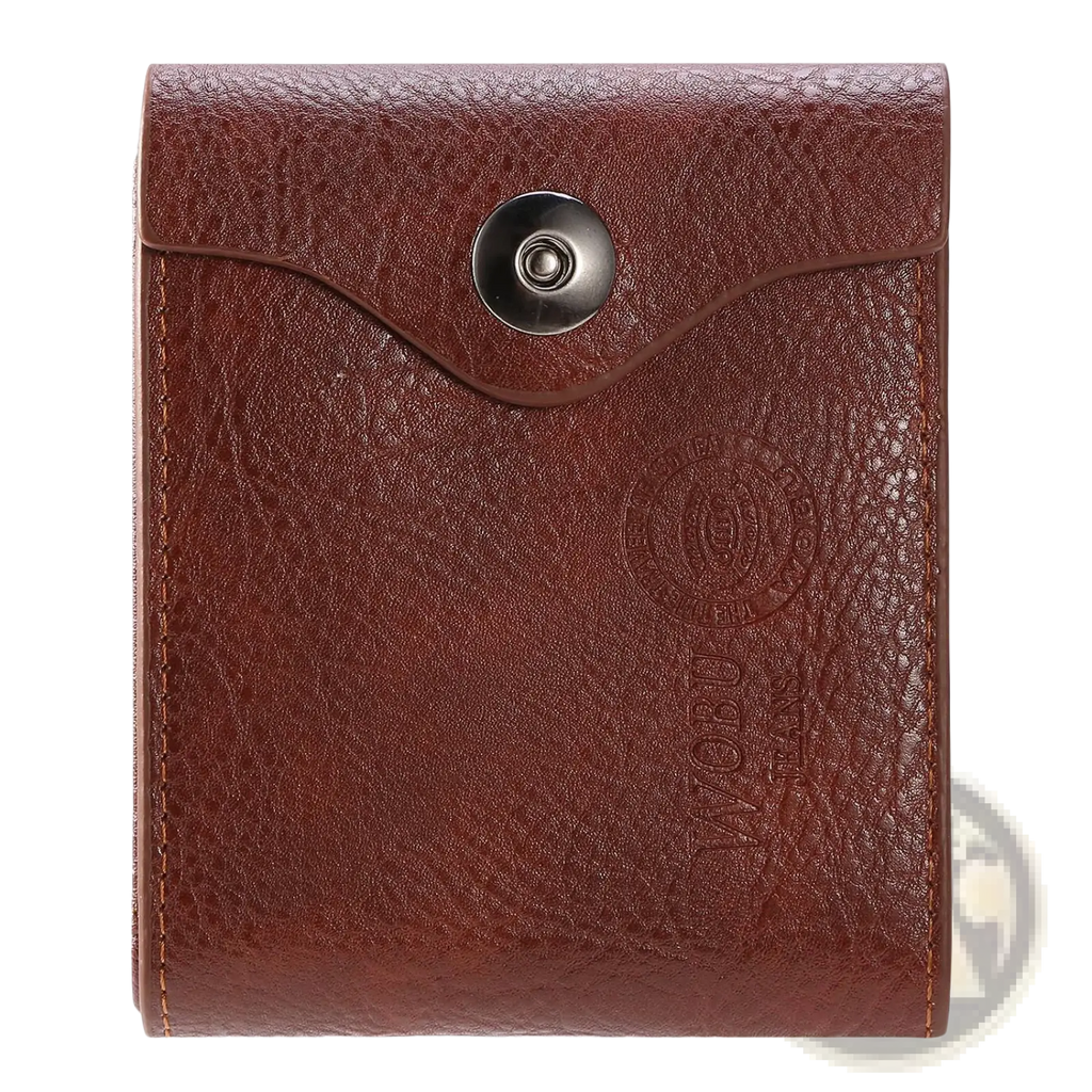 Men’s slim RFID blocking brown PU leather bifold wallet with silver-toned snap button closure and embossed branding