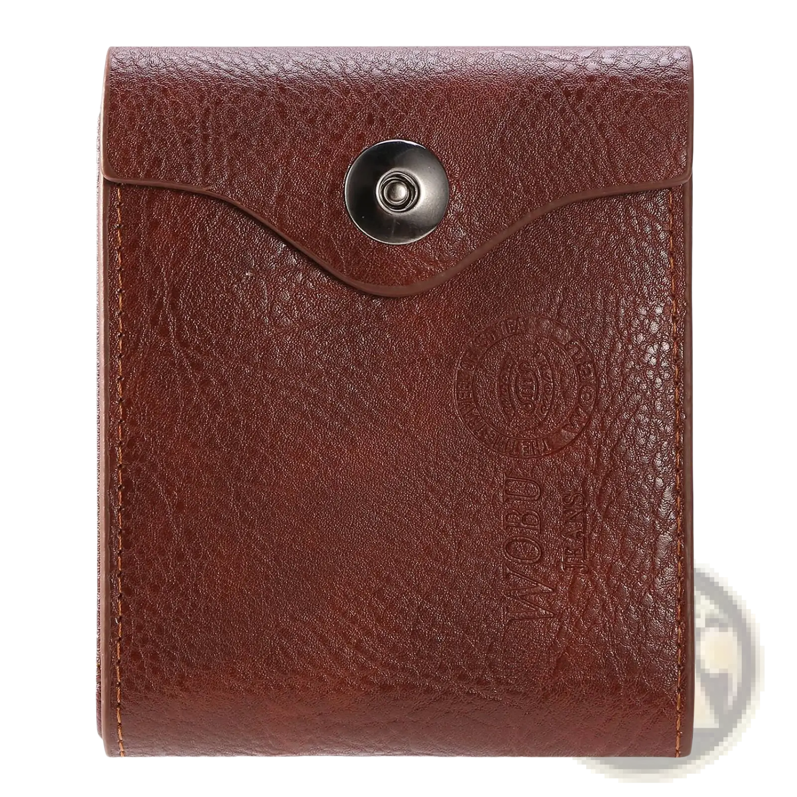Men’s slim RFID blocking brown PU leather bifold wallet with silver-toned snap button closure and embossed branding
