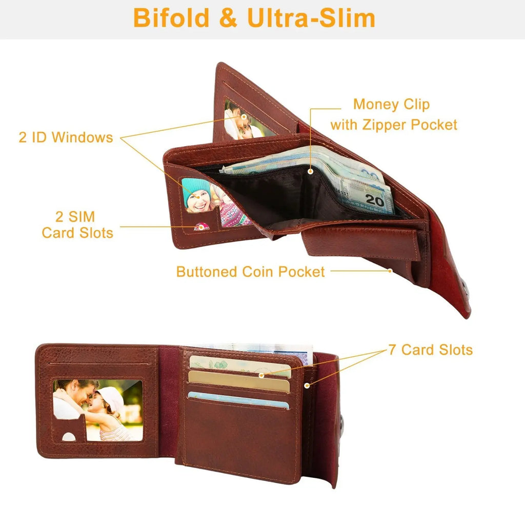 Men’s slim RFID blocking brown PU leather bifold wallet with multiple card slots id windows and zipper secured money clip