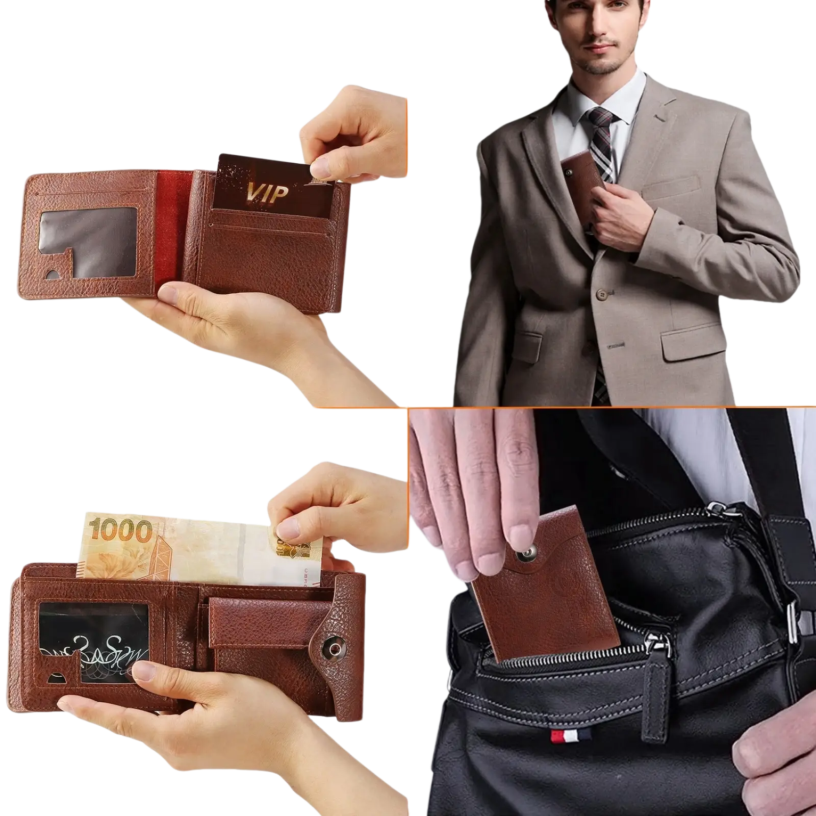 Men’s slim rfid blocking brown pu leather bifold wallet with multiple card slots and transparent id window
