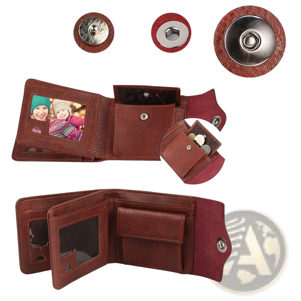 Men’s slim rfid blocking brown pu leather bifold wallet with magnetic snap closure and photo insert