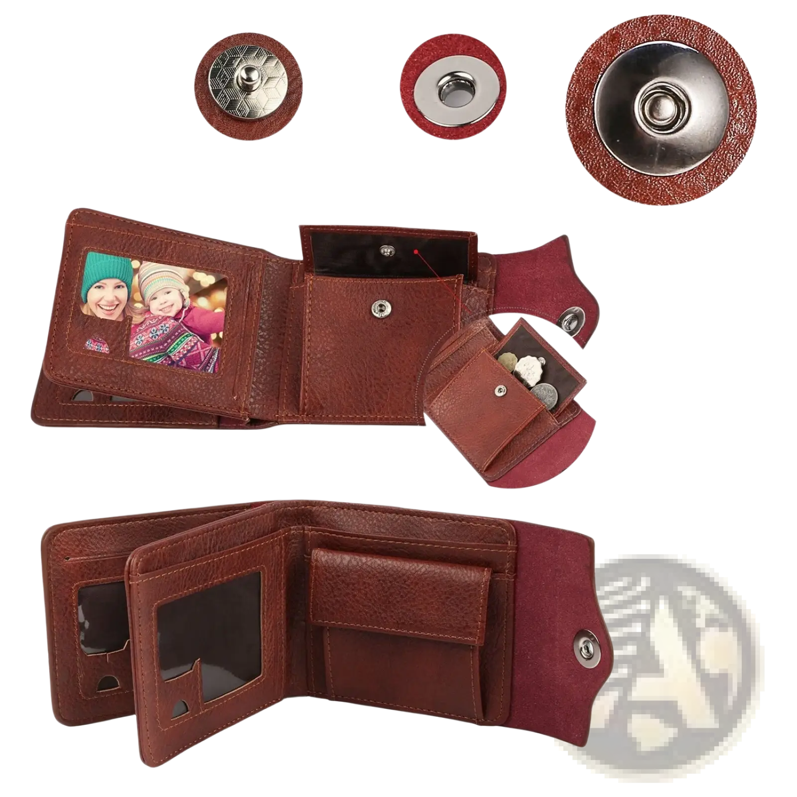 Men’s slim rfid blocking brown pu leather bifold wallet with magnetic snap closure and photo insert