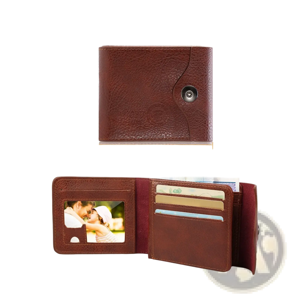 Men’s slim brown pu leather bifold wallet with rfid blocking snap button closure and interior photo slot