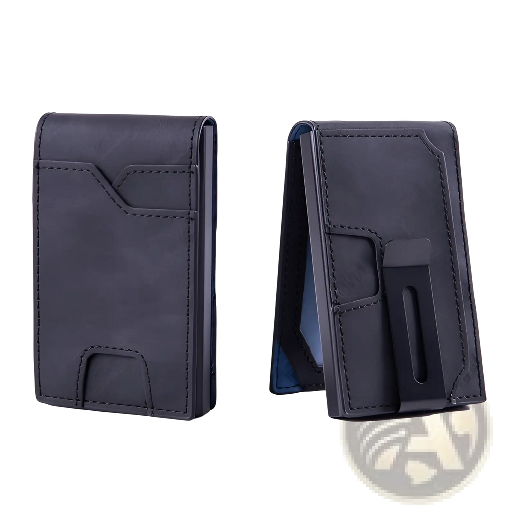 Black leather men’s slim rfid blocking pop up wallet with magnetic clip closure and multiple card slots
