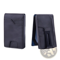 Black leather men’s slim rfid blocking pop up wallet with magnetic clip closure and multiple card slots