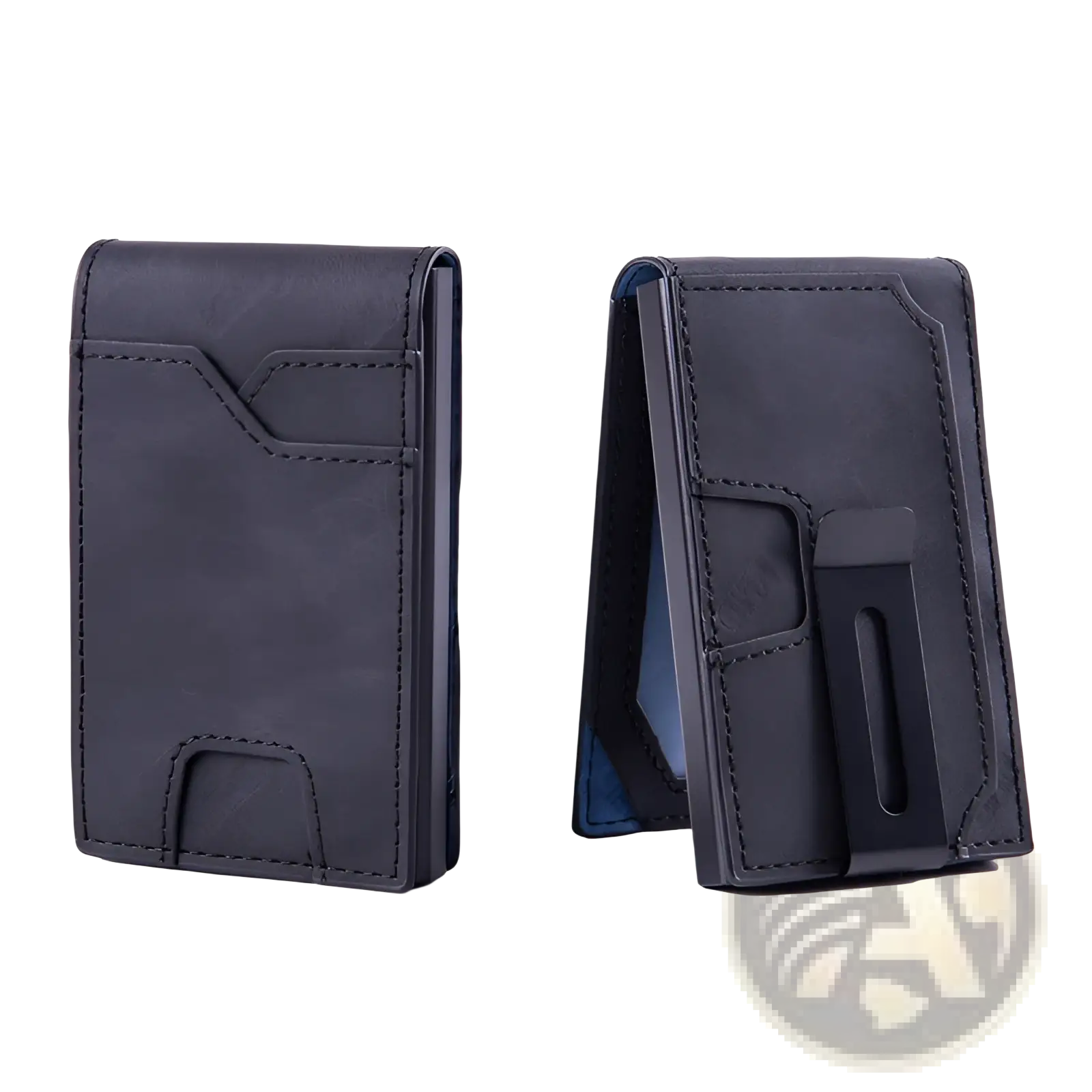 Black leather men’s slim rfid blocking pop up wallet with magnetic clip closure and multiple card slots
