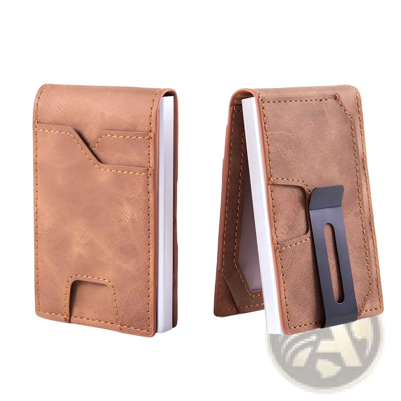 Men’s slim tan leather rfid blocking pop up wallet with black metal money clip and visible stitching