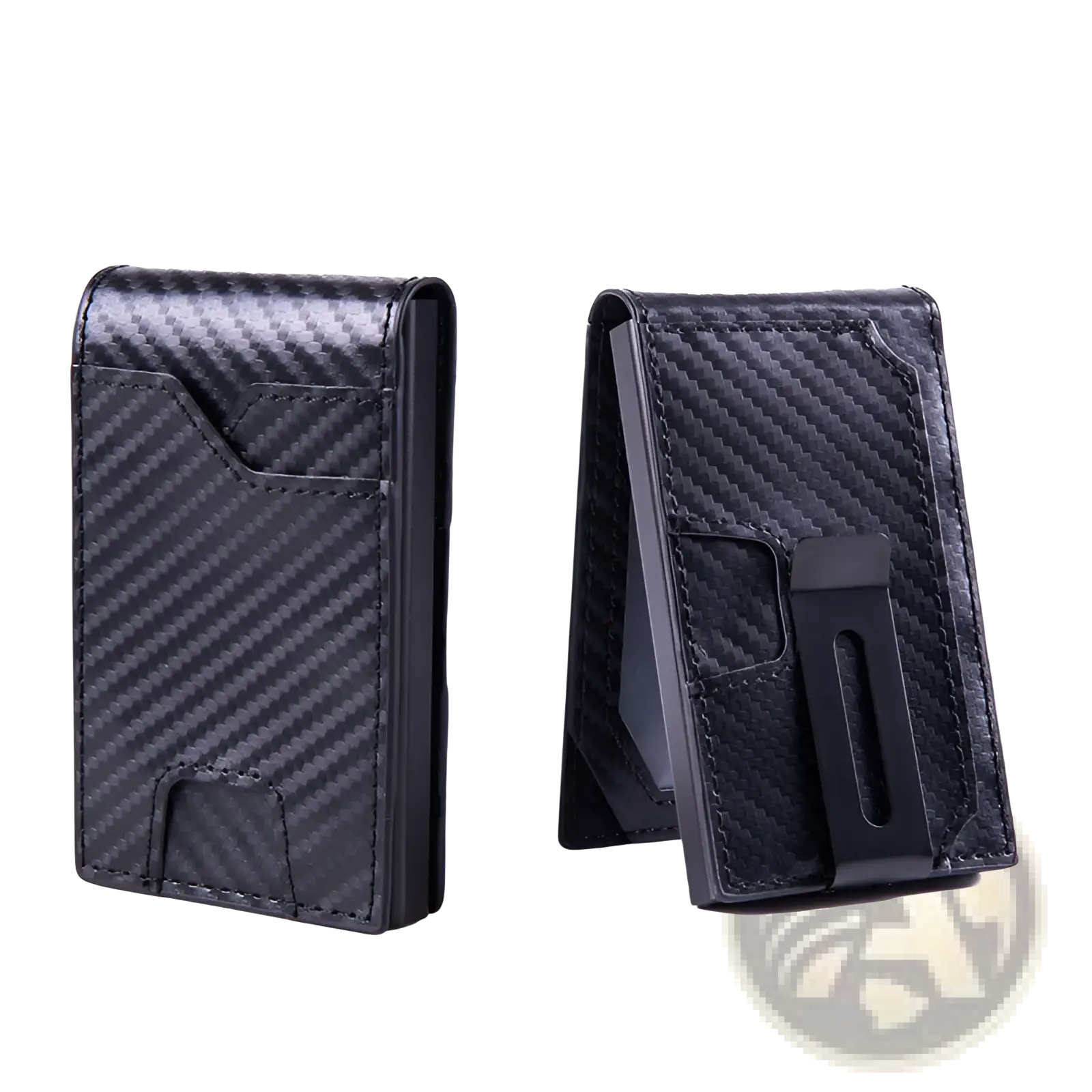Men’s slim RFID blocking pop up wallet in black carbon fiber pattern with magnetic clip closure