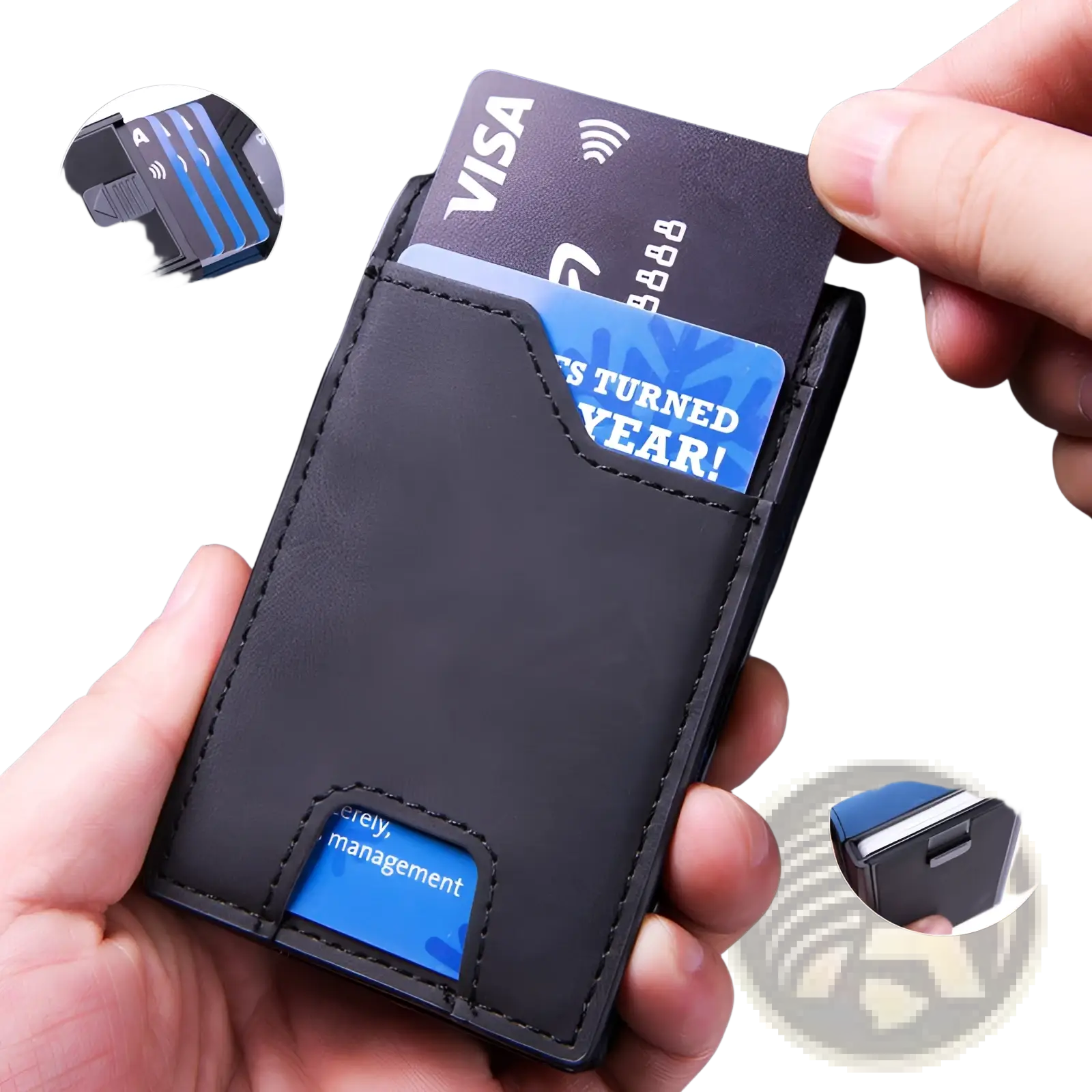 Men’s slim rfid blocking pop up wallet in black leather with stitched edges and multiple card slots holding credit cards