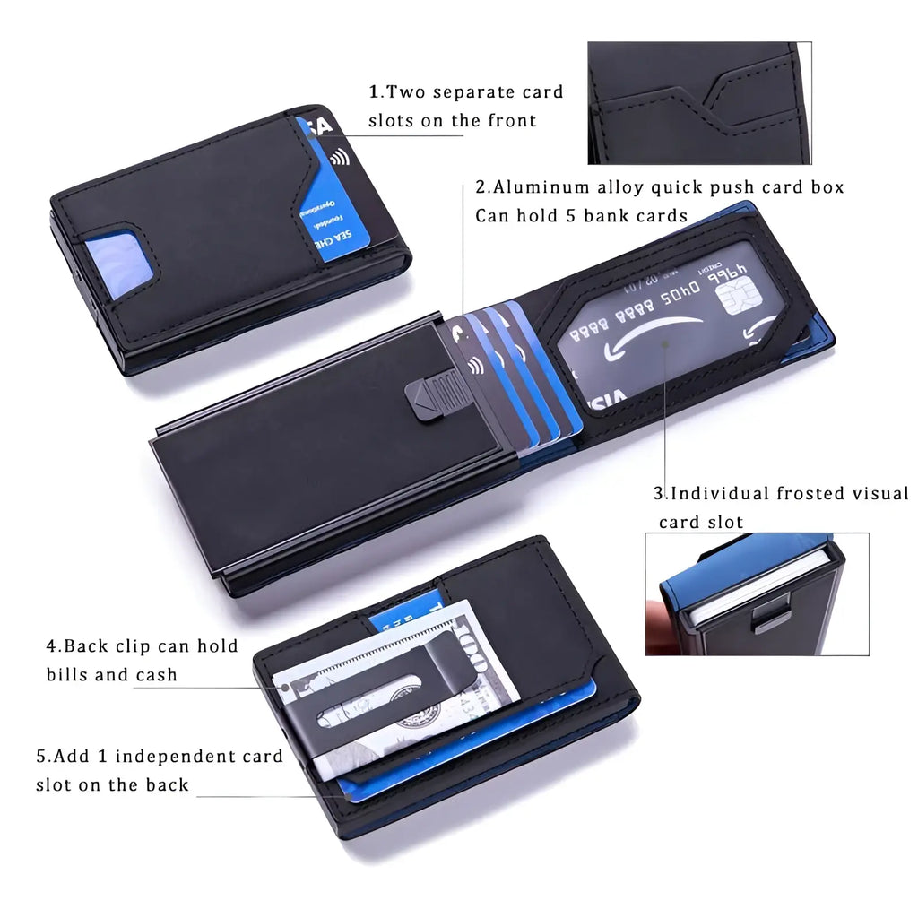 Black minimalist men’s slim rfid blocking wallet with aluminum alloy card box and back clip for bills