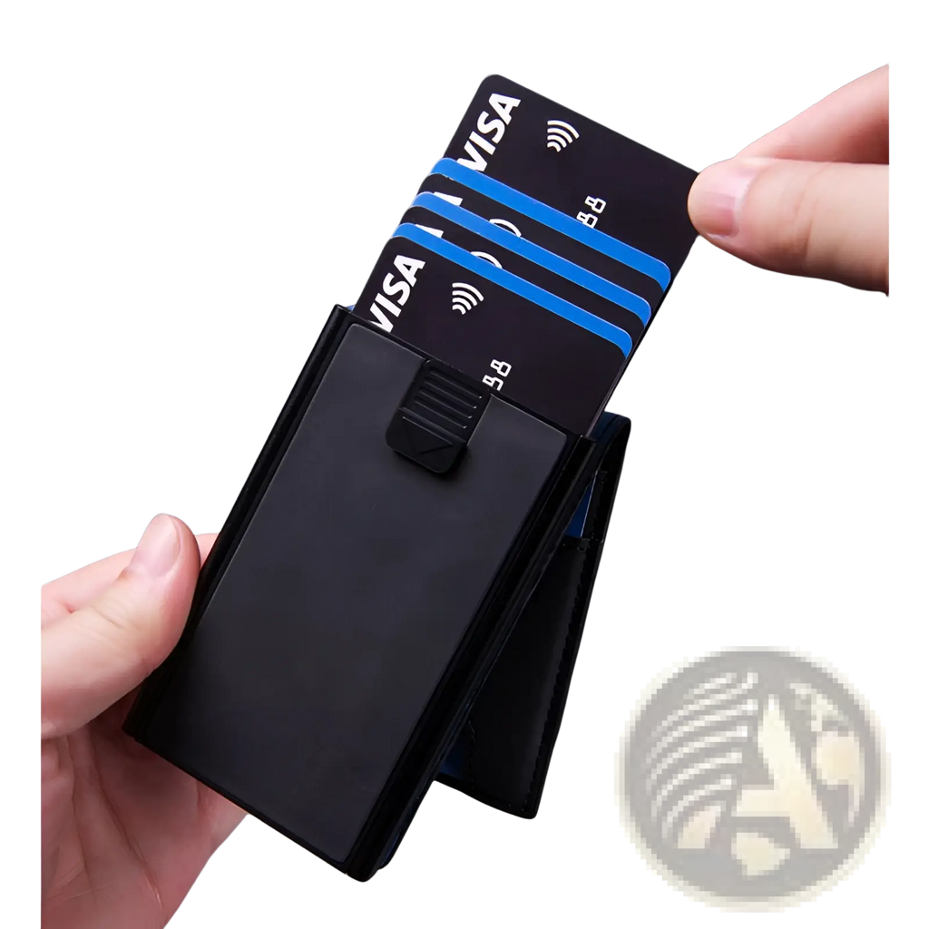 Black magnetic men’s slim RFID blocking pop up wallet with minimalist design and secure money clip mechanism