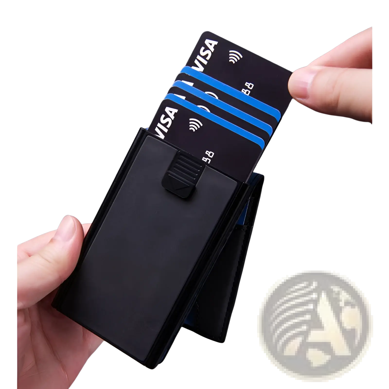 Black magnetic men’s slim RFID blocking pop up wallet with minimalist design and secure money clip mechanism