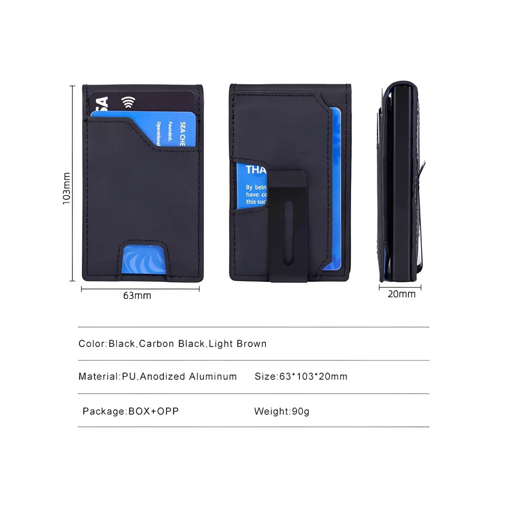 Black pu men’s slim rfid blocking pop up wallet with anodized aluminum clip and card slots
