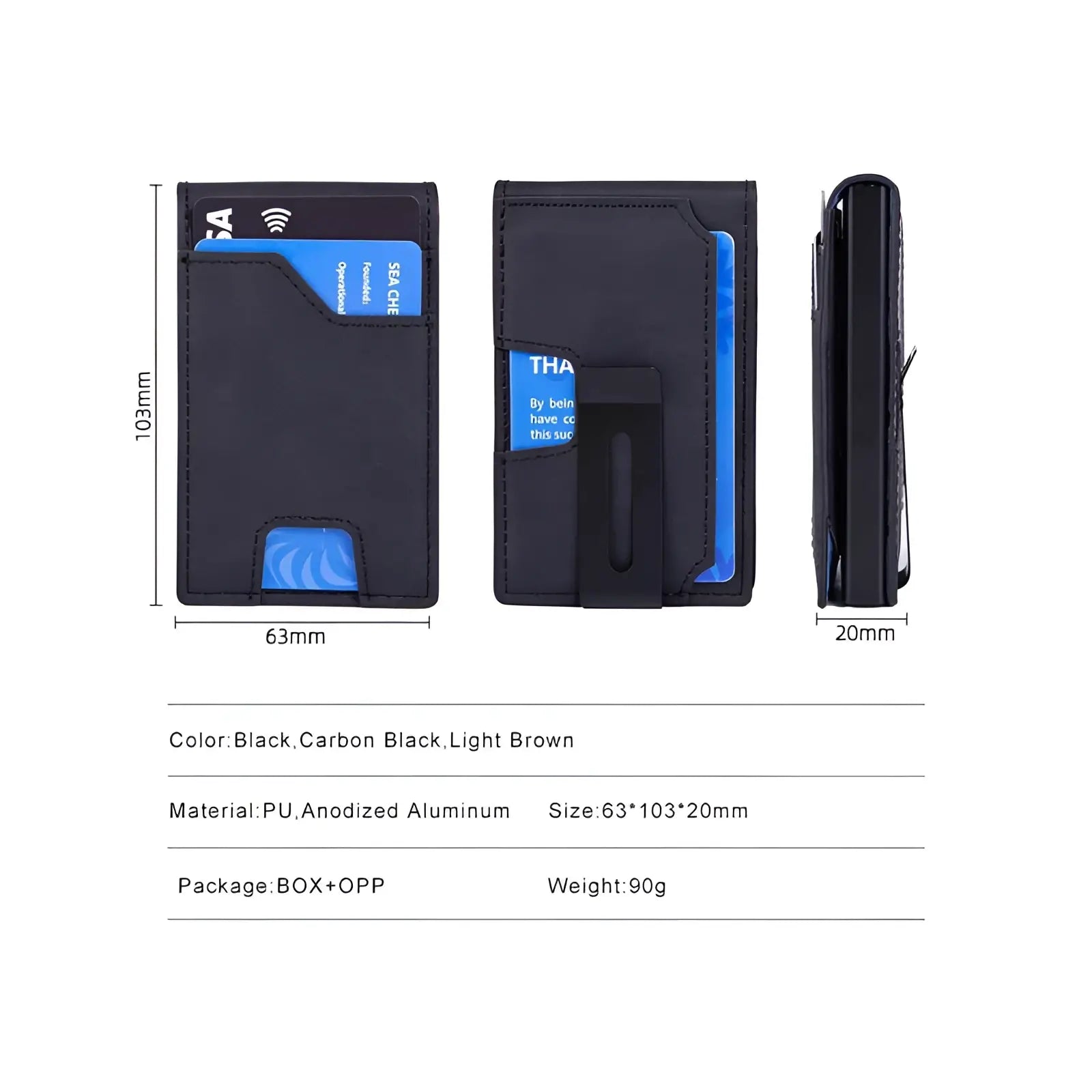 Black pu men’s slim rfid blocking pop up wallet with anodized aluminum clip and card slots