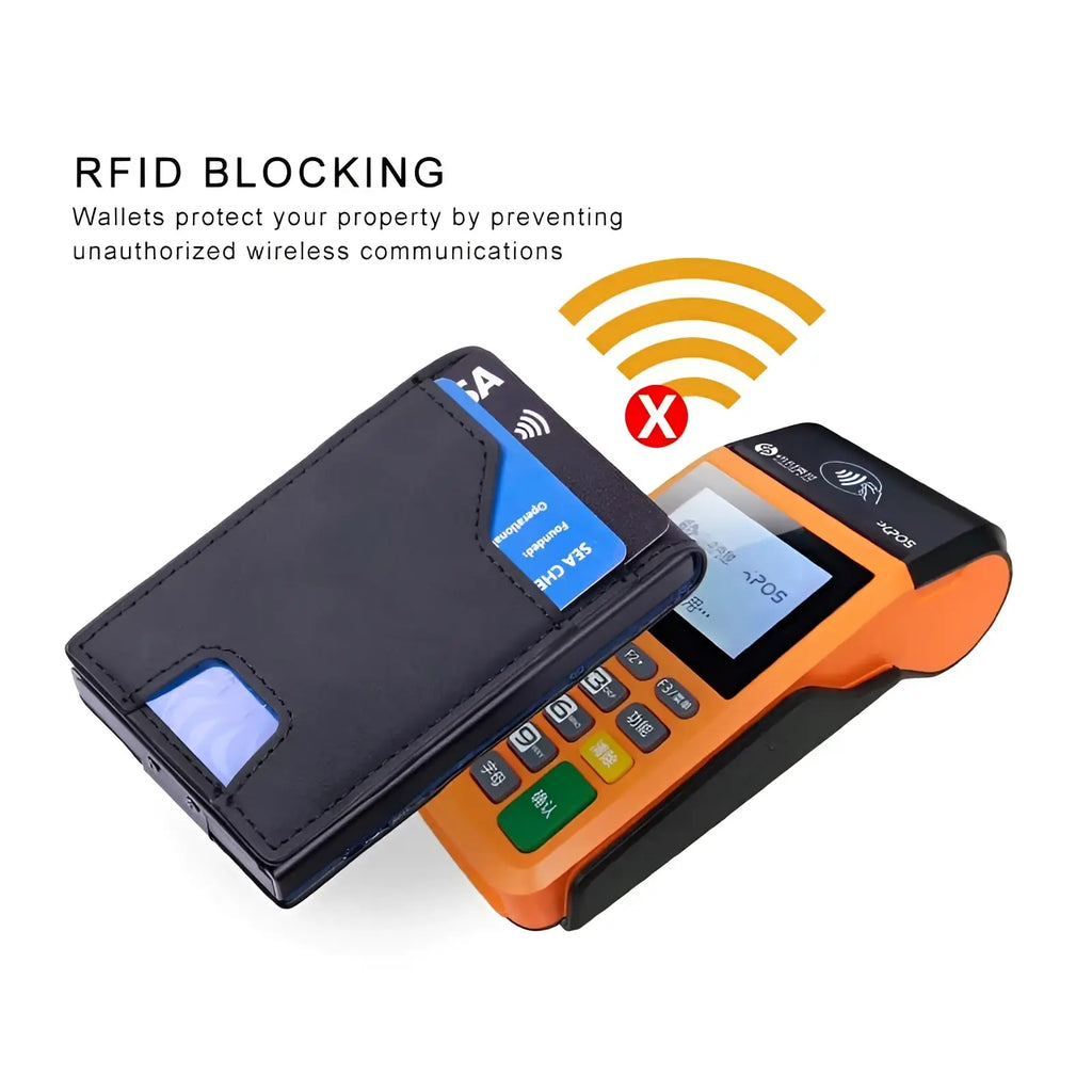 Black leather men’s slim RFID blocking pop up wallet with card slot holding blue credit card next to orange POS terminal