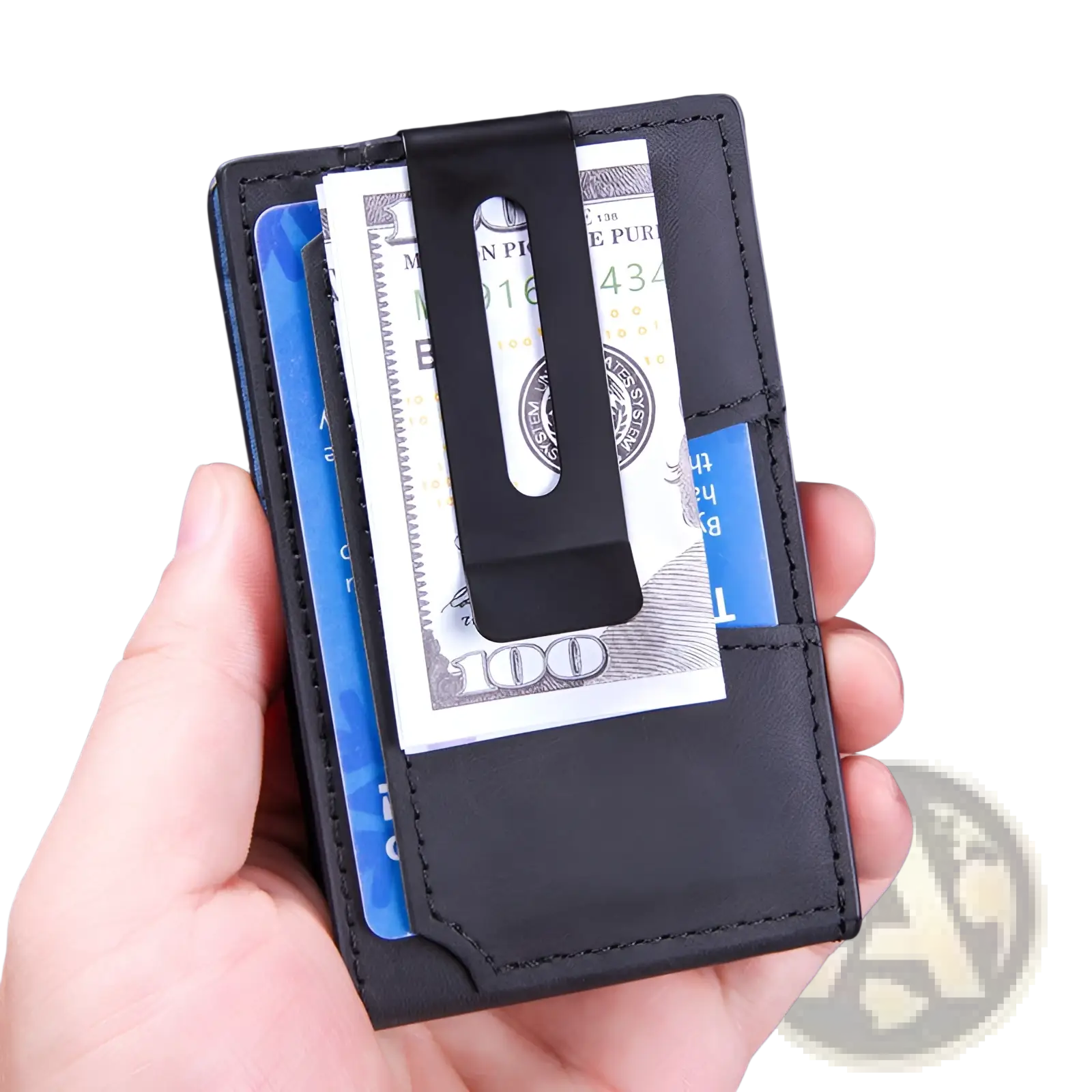 Men’s slim black leather rfid blocking wallet with sleek metal money clip holding cash and cards
